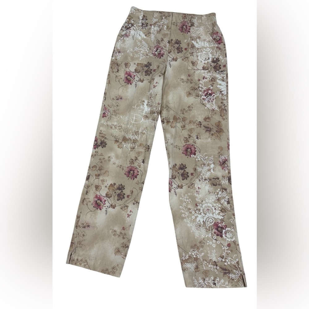 J. Jill Womens Beige Floral Wide-Leg Jeans with Pink Accents Stretch Size 12 T